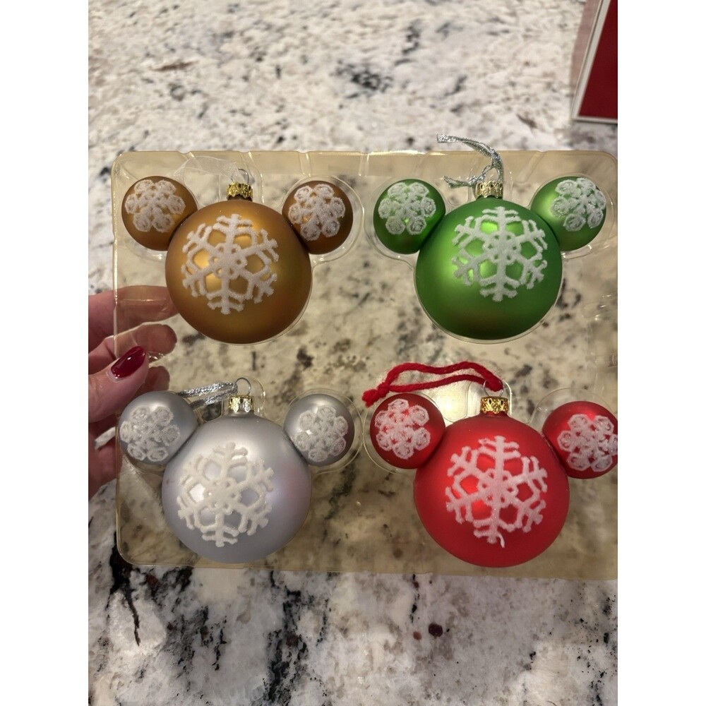 Disney Ornament Mickey Ear Icon Glass Globe Set of 4 Med Muti-Colored Snowflake